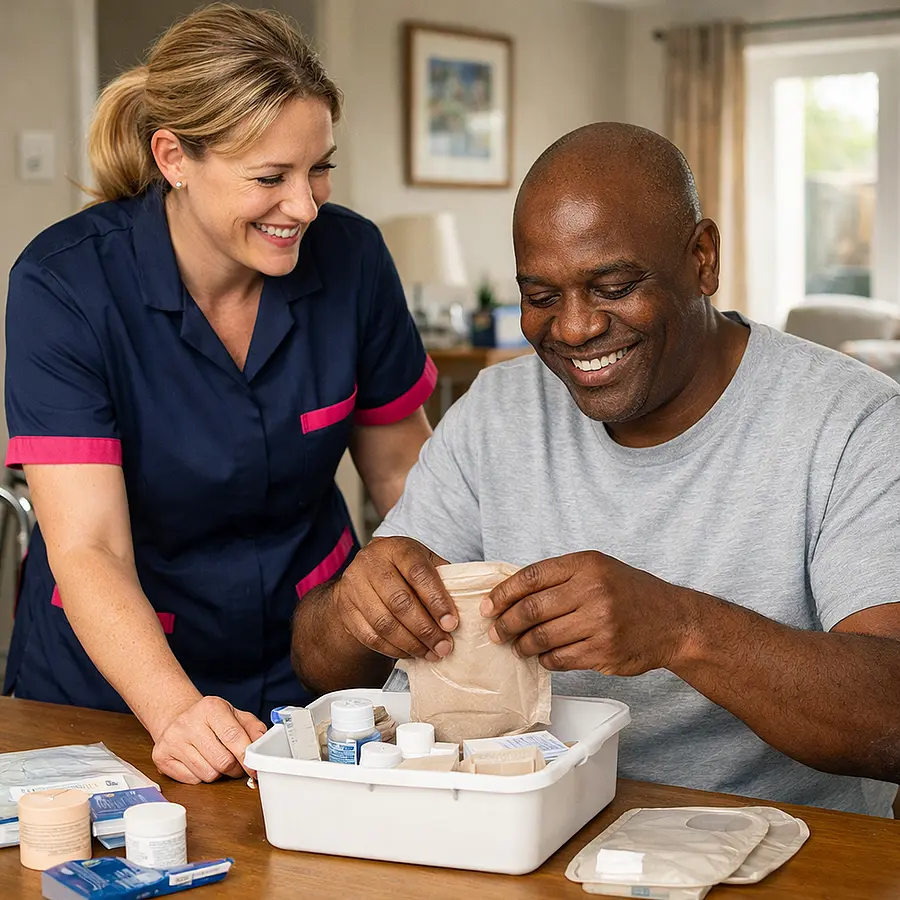 A realistic rehabilitation style home scene with a caucasian female caregiver in 00072b tunic and e51974 accent encouraging a black male service user to independently organise his stoma kit at a table both smiling with pride warm daylight positive and realistic setting.