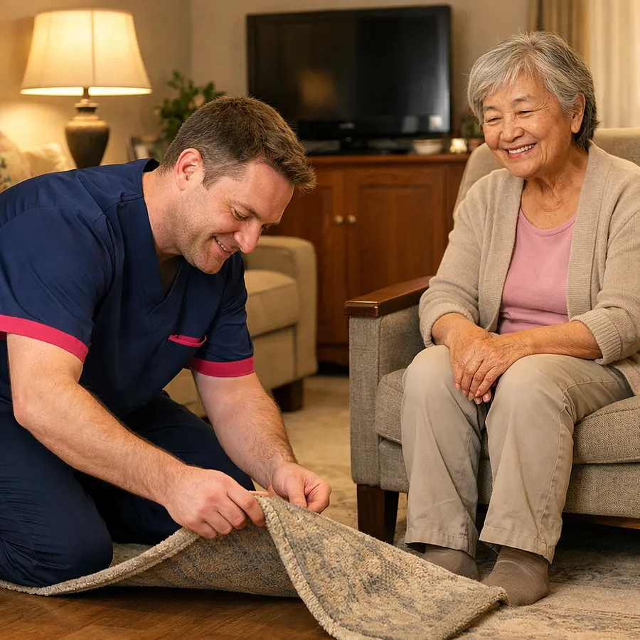 A realistic safety focused home care image showing a caucasian male caregiver in 00072b tunic with e51974 accent removing a rug edge hazard while an elderly asian woman watches with a relieved smile from a sturdy chair warm lighting safe living room caring and reassuring mood
