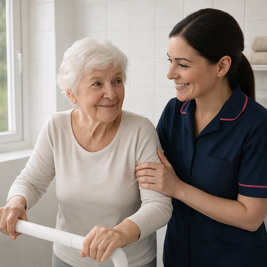 A realistic scene in a bright home bathroom where a caucasian female caregiver in a navy 00072b tunic with e51974 trim gently reassures an older woman using a grab rail showing warm smiles and calm eye contact towels neatly folded conveying dignity privacy and supportive continence care.