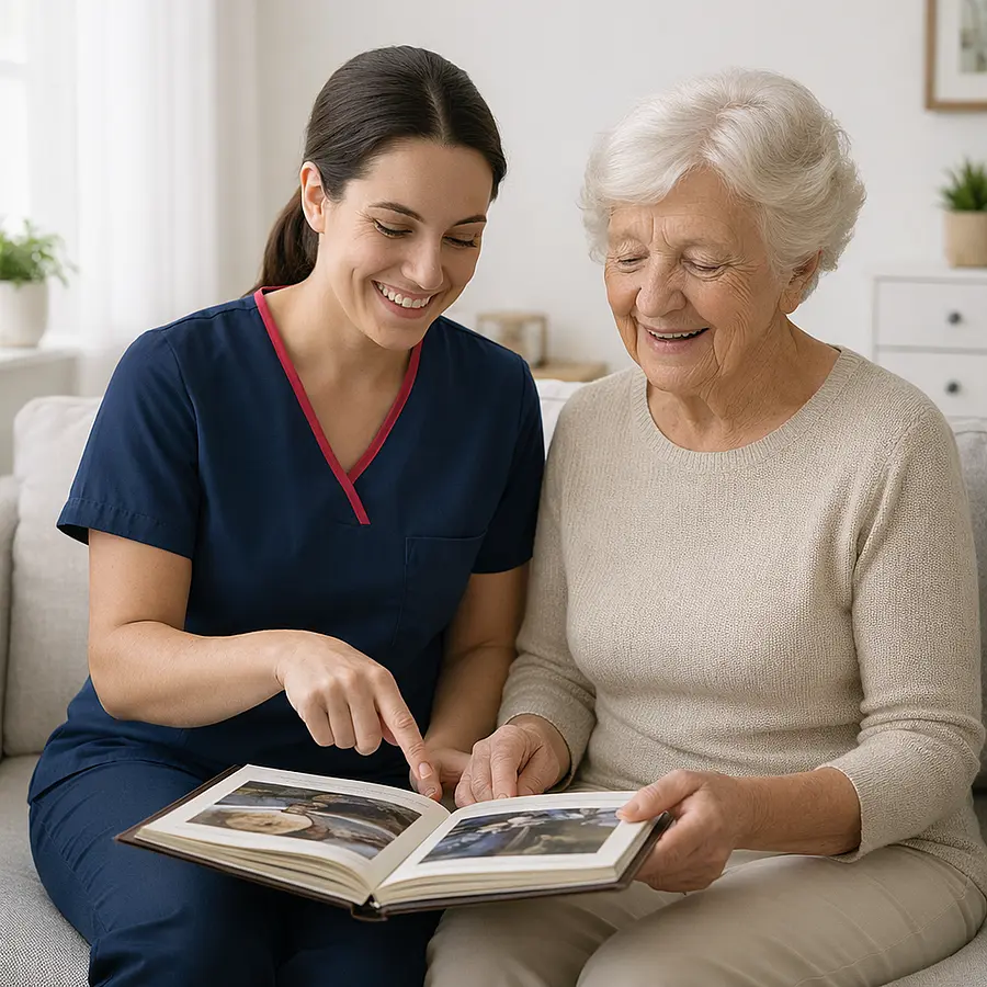 A realistic scene in a bright living room where a Caucasian female caregiver in a 00072b tunic with