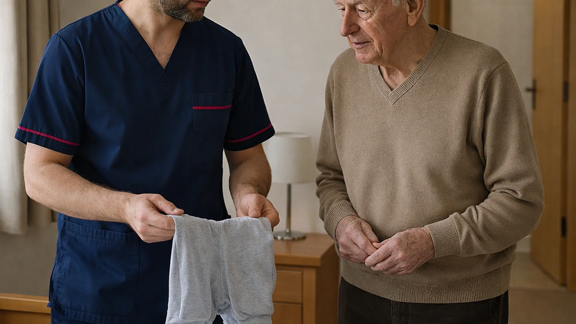 A realistic scene in a softly lit bedroom where a caucasian male caregiver in a 00072b tunic with e51974 accents helps an older man organise nightwear and spare linens both talking calmly a clear pathway visible to the bathroom reflecting practical continence planning and safety.