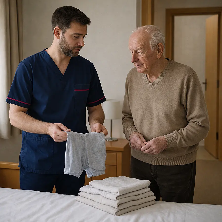 A realistic scene in a softly lit bedroom where a caucasian male caregiver in a 00072b tunic with e51974 accents helps an older man organise nightwear and spare linens both talking calmly a clear pathway visible to the bathroom reflecting practical continence planning and safety.