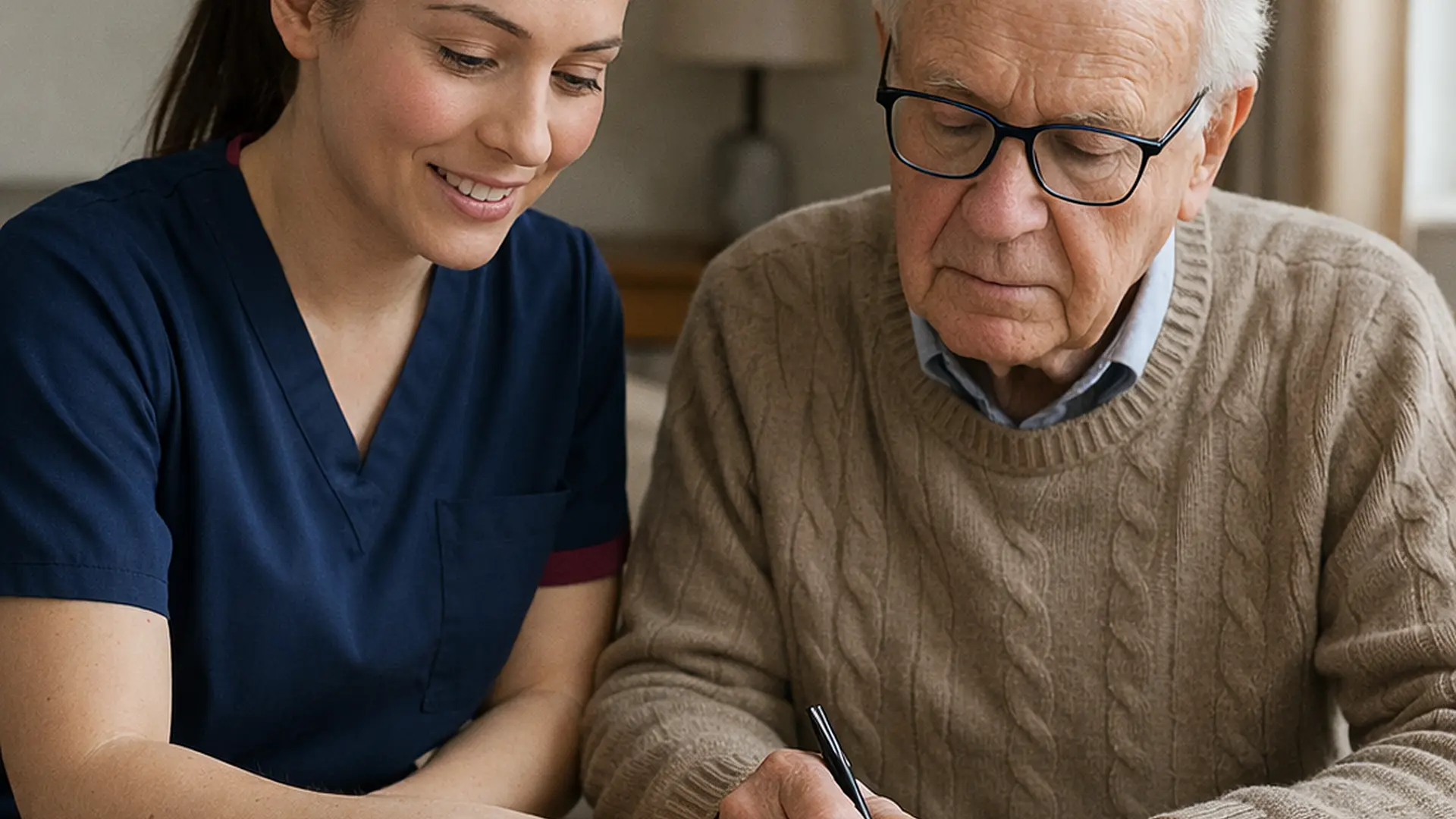 A realistic scene of a Caucasian female caregiver wearing a 00072b tunic with e51974 accent sitting beside an older adult at a living room table offering gentle guidance with paperwork warm natural lighting calm and supportive mood.