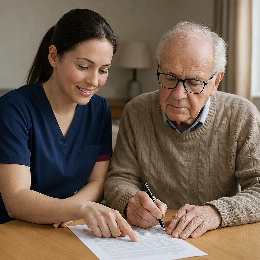 A realistic scene of a Caucasian female caregiver wearing a 00072b tunic with e51974 accent sitting beside an older adult at a living room table offering gentle guidance with paperwork warm natural lighting calm and supportive mood.