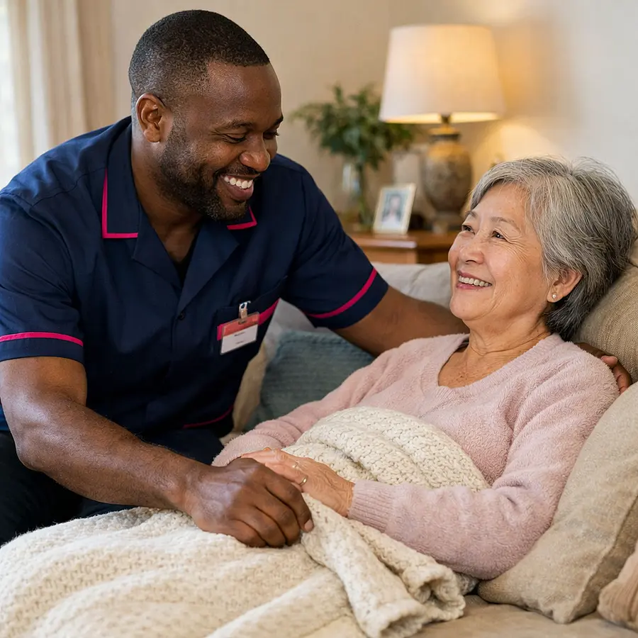 A realistic scene of a black male caregiver in a 00072b tunic uniform with e51974 accent helping an asian elderly woman settle comfortably on a sofa with cushions and blanket peaceful home environment warm smile reassuring and joyful mood realistic not stylized.