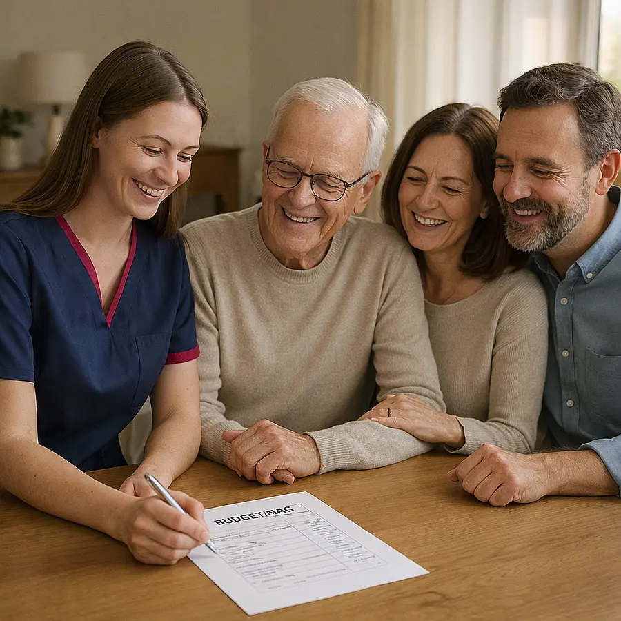 A realistic scene of a caucasian female caregiver in tunic 00072b with accent e51974 gently guiding a family through a simple budgeting sheet for an elderly relative warm daylight calm home environment photorealistic. all are happy and at ease