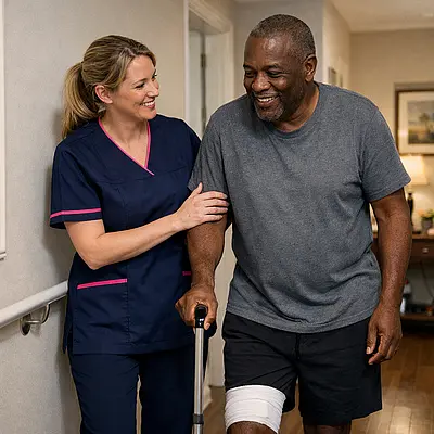 A realistic scene of a caucasian female caregiver in a 00072b tunic with e51974 accent helping a black male service user walk carefully through his hallway after surgery. Both appear relaxed and encouraged with handrails and a clean safe home environment conveying reassurance and recovery at home.