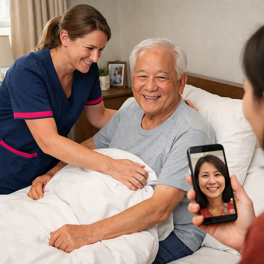 A realistic scene of a caucasian female caregiver in a 00072b tunic with e51974 accent helping an elderly asian man with fresh bedding while his daughter video calls smiling warm and practical family support atmosphere realistic home care style