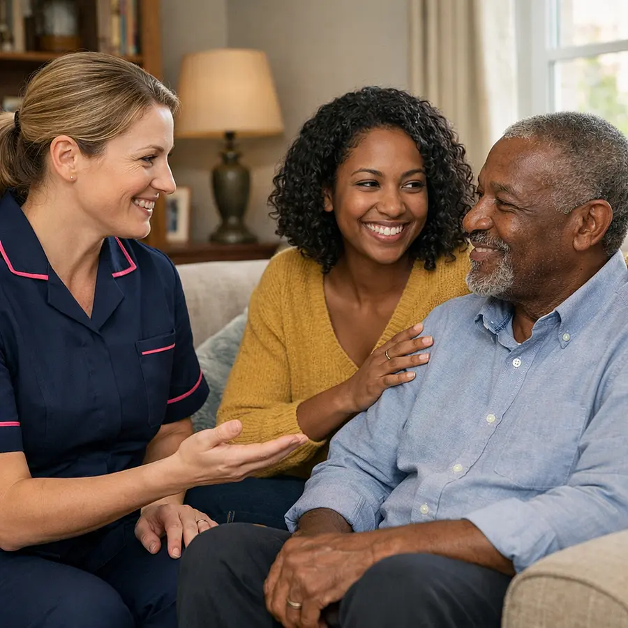 A realistic scene of a caucasian female caregiver in 00072b tunic with e51974 accents speaking kindly with a black adult daughter and her older father at home warm teamwork atmosphere realistic living room reassuring smiles.