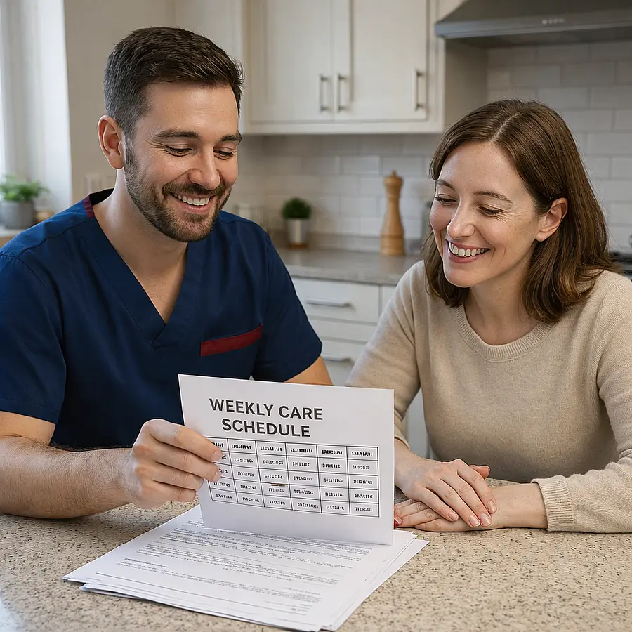 A realistic scene of a caucasian male caregiver in tunic 00072b with accent e51974 showing a weekly care schedule to a family member at a kitchen island friendly expressions tidy paperwork natural photo style. all are happy and comfortable