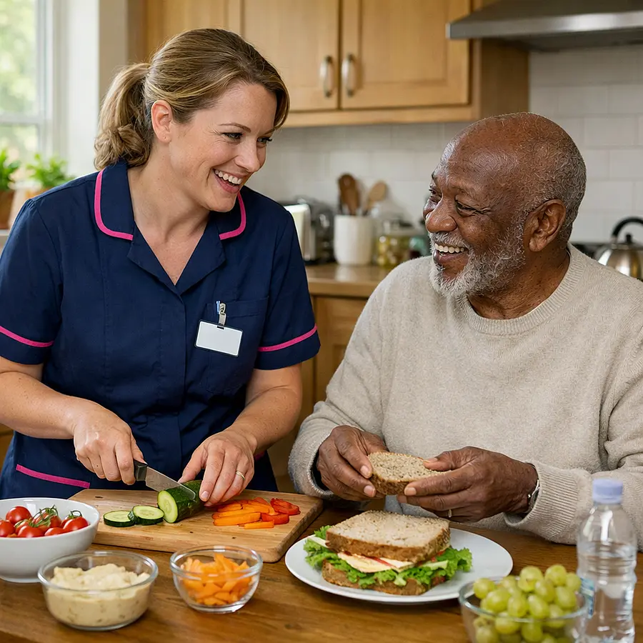A realistic scene showing a caucasian female caregiver in a 00072b tunic with e51974 accent preparing a healthy lunch with an elderly black man in a tidy kitchen both smiling and chatting warm home atmosphere realistic family care style