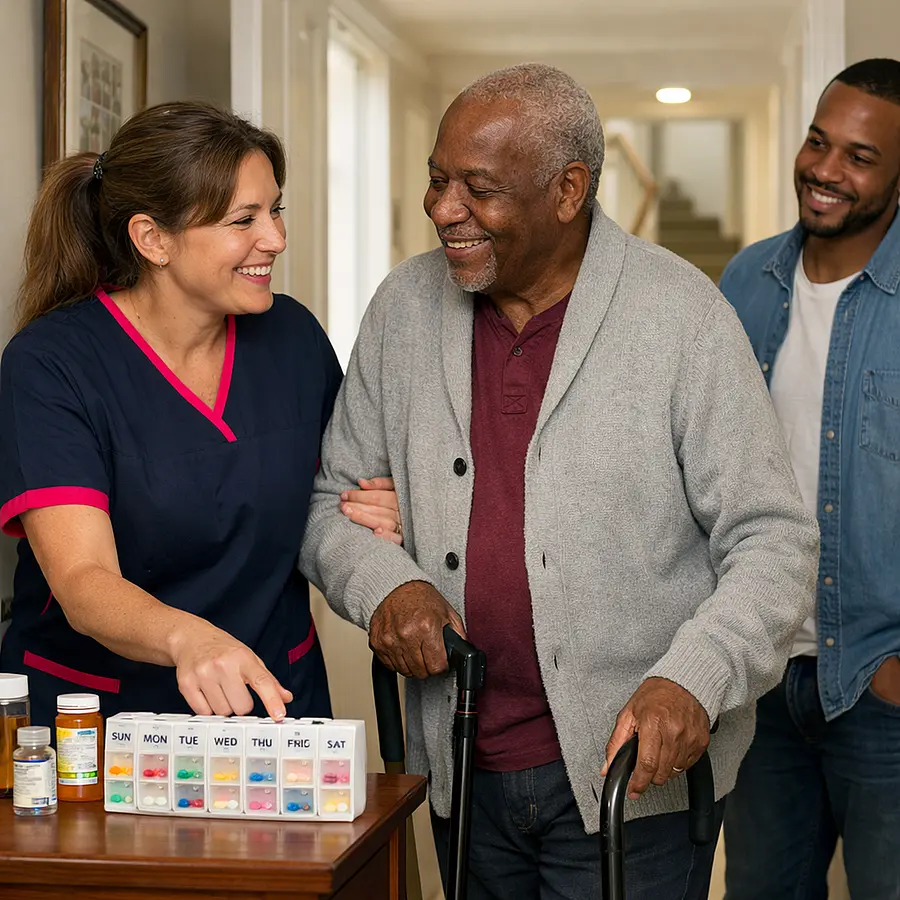 A realistic scene showing a caucasian female caregiver in a 00072b tunic with e51974 accent helping a black elderly man notice a tidy medication box and safe walking space at home both smiling reassuringly adult family member observing with relief bright hallway realistic and warm