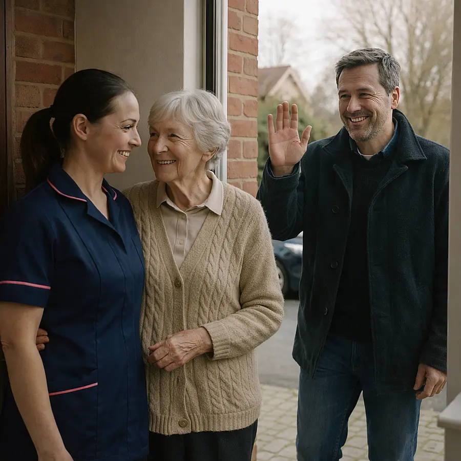 A realistic scene where a Caucasian female caregiver in a 00072b tunic uniform with e51974 accent with older woman at the door while her adult son coat on waves then goodbye with relief suggesting respite and balance for family carers.