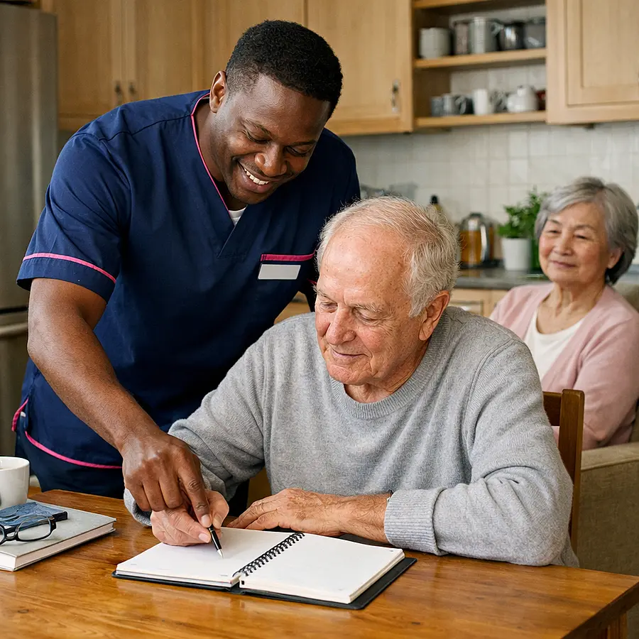 A realistic scene with a black male caregiver in 00072b tunic uniform with e51974 accent helping a caucasian spouse write notes at a kitchen table while an asian older woman rests nearby supportive and organised atmosphere realistic home setting.