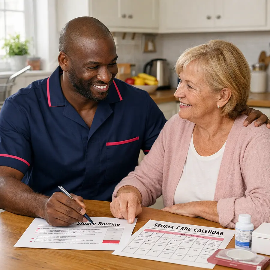 A realistic scene with a black male caregiver in a 00072b tunic with e51974 detailing reassuring a caucasian female service user in her own kitchen reviewing a home care routine and calendar for stoma management bright and tidy home warm smiles calm and empowering atmosphere.