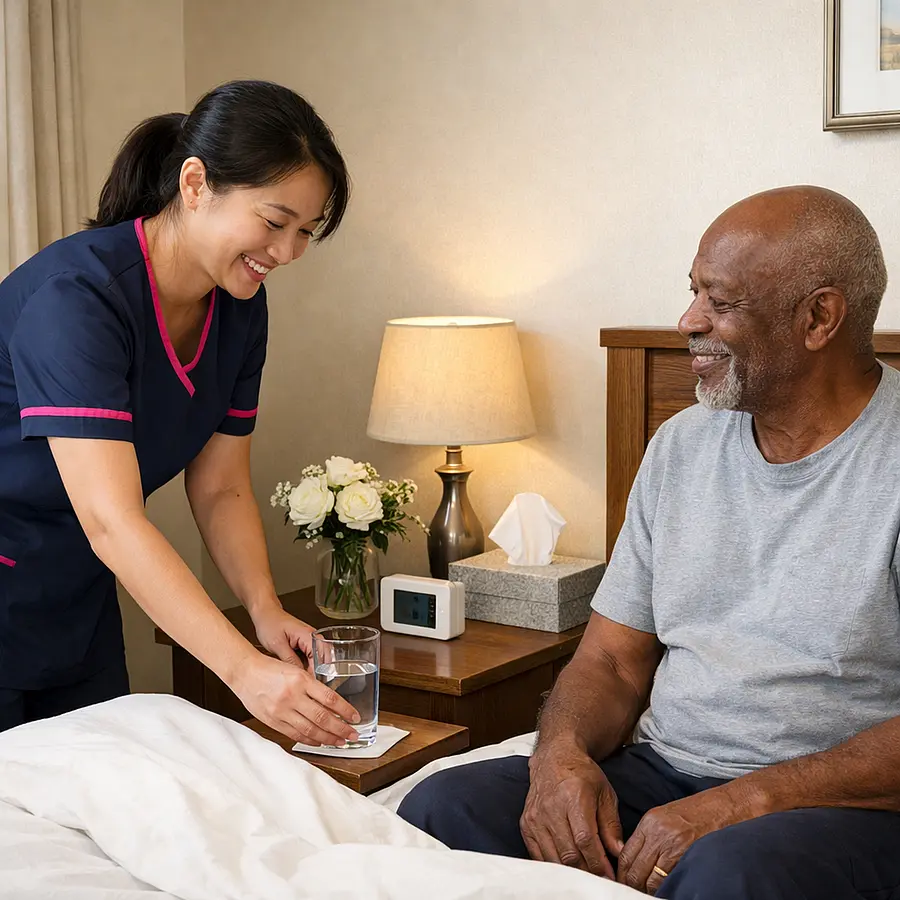 A realistic scene with an asian female caregiver in 00072b tunic with e51974 detail making a bed and refreshing a bedside table for a black elderly male service user both sharing a gentle smile clean comforting bedroom realistic style.