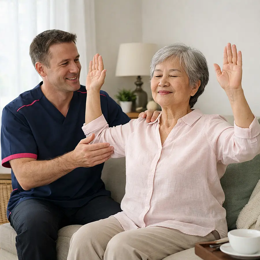 A realistic seated breathing and posture exercise scene with a caucasian male caregiver in 00072b tunic with e51974 accent guiding an elderly asian woman to sit tall and lift her arms gently peaceful smiles airy room realistic home care feel