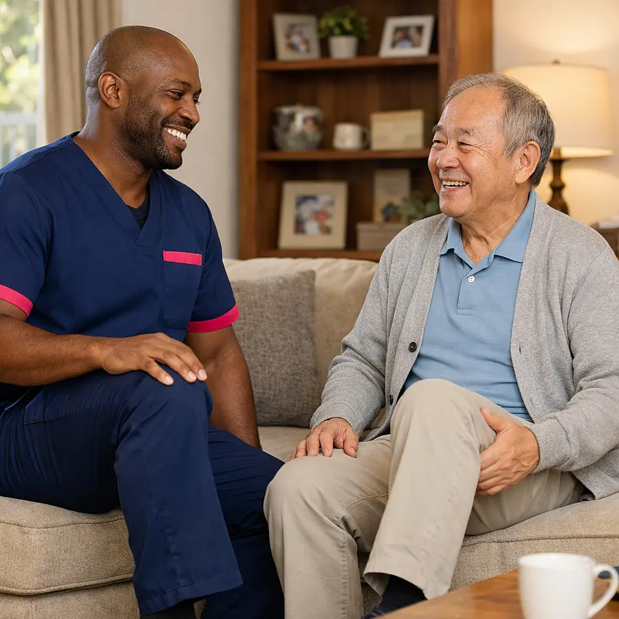 A realistic seated exercise session with a black male caregiver wearing 00072b tunic with e51974 accent demonstrating gentle knee lifts to an elderly asian man in a cosy living room both relaxed and smiling supportive home care tone realistic detail and natural light