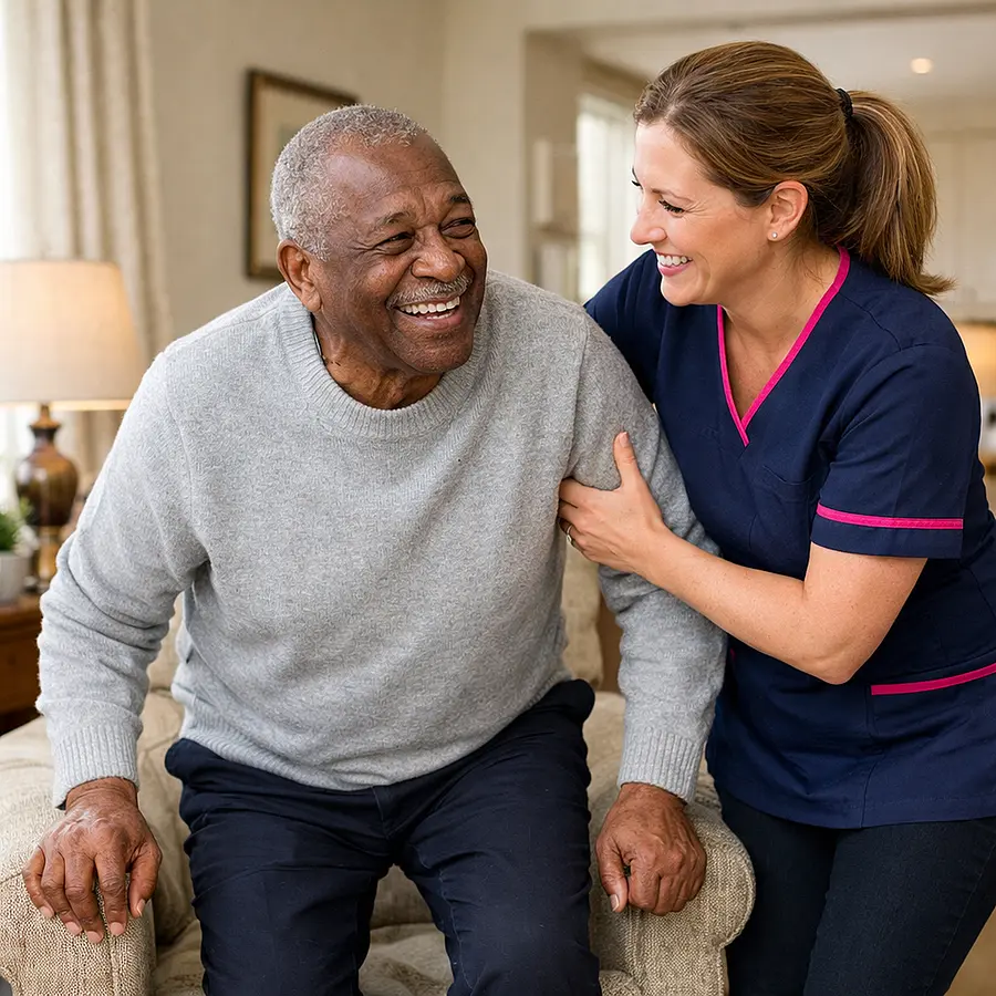 A realistic sit to stand practice scene showing a caucasian female caregiver in 00072b tunic with e51974 accent standing close and encouraging an elderly black man as he rises from a chair joyful expressions safe home environment realistic and reassuring