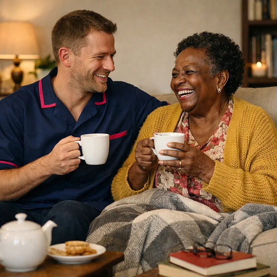A realistic sitting room scene with a caucasian male caregiver in a 00072b tunic with e51974 detail sharing tea and a gentle laugh with a black female service user cosy blankets and books nearby warm emotional reassurance realistic and joyful home companionship
