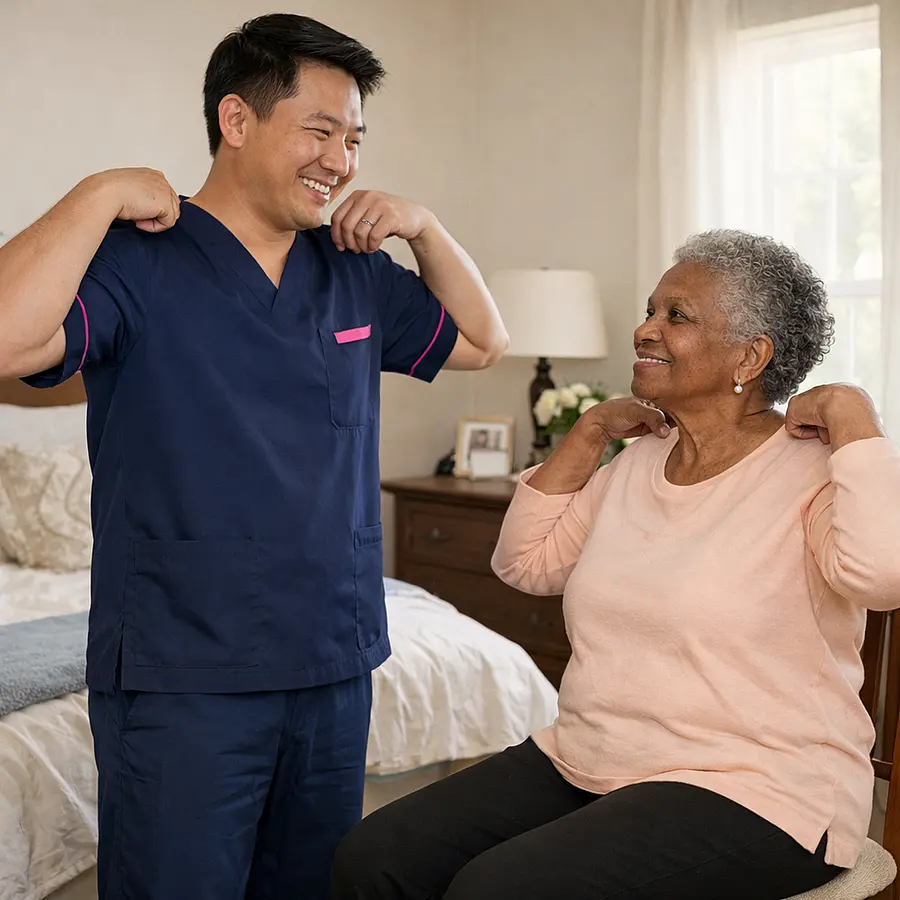 A realistic stretching routine in a tidy bedroom with an asian male caregiver in 00072b tunic with e51974 accent demonstrating shoulder rolls to an elderly black woman seated on a chair both smiling gently soft natural light warm and supportive home care setting