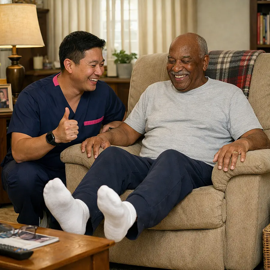 A realistic television break exercise scene with an asian male caregiver in 00072b tunic with e51974 accent encouraging an elderly black man to do ankle pumps from an armchair cheerful expressions lived in room warm realistic home care image