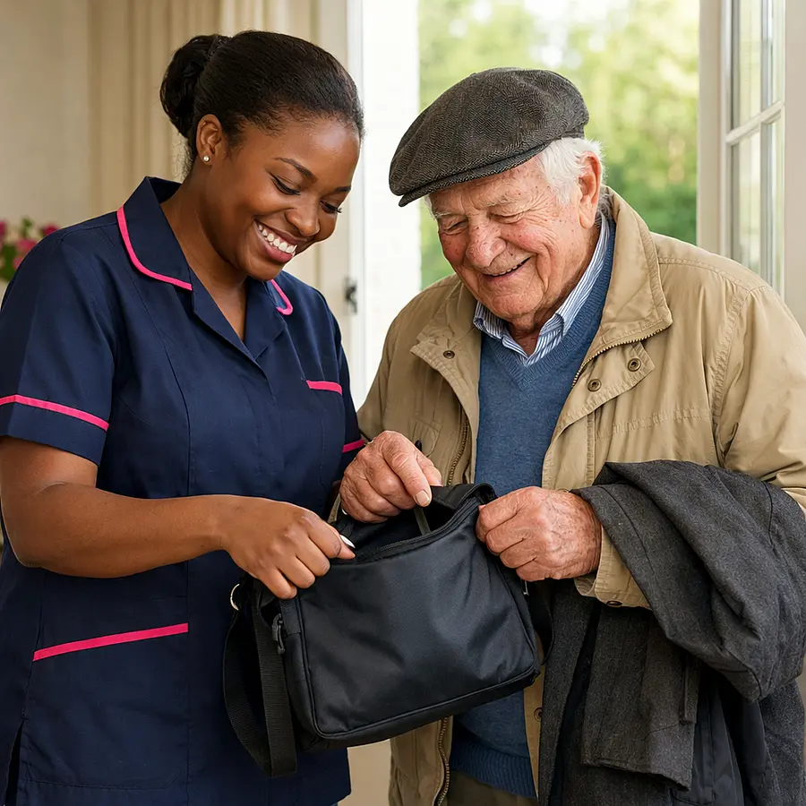 A realistic warm scene of a Black female caregiver wearing a tunic uniform in color 00072b with e51974 accents smiling beside an elderly Caucasian man near a front door as they prepare for a day out checking a small bag and coat together bright natural lighting reassuring home care atmosphere joyful