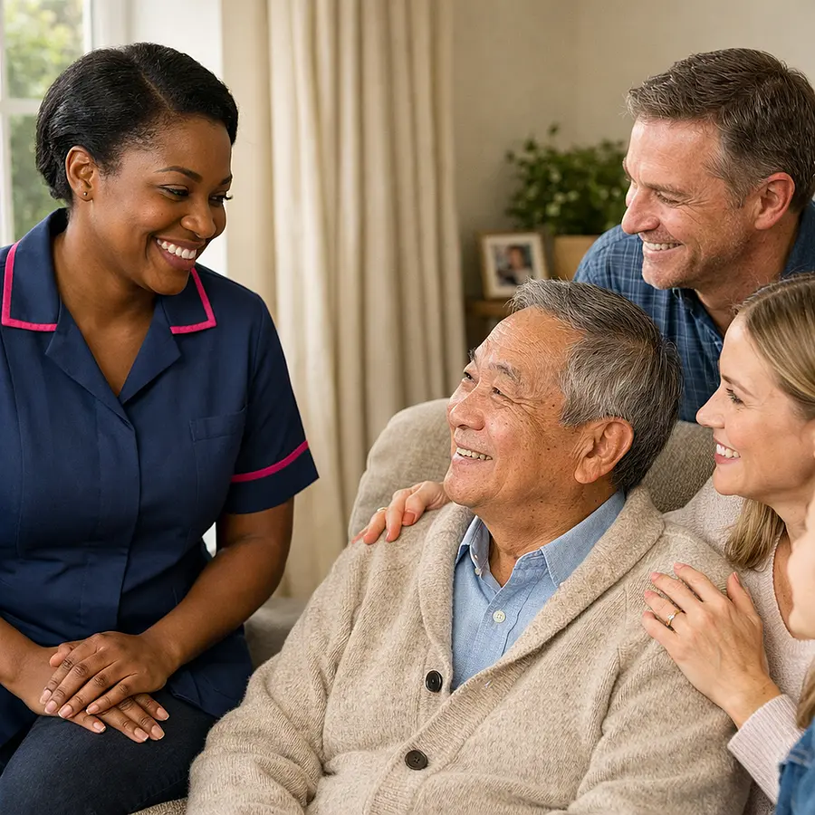 A realistic welcoming home care image with a black female caregiver in a tunic uniform colour 00072b with e51974 accent smiling reassuringly at a caucasian family and asian elderly service user in a bright living room warm natural light trustworthy compassionate and realistic