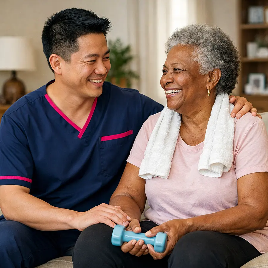 A realistic welcoming home care portrait showing an asian male caregiver in 00072b tunic with e51974 accent sharing a warm smile with an elderly black woman after a gentle exercise session comfortable living room joyful reassuring atmosphere realistic and natural