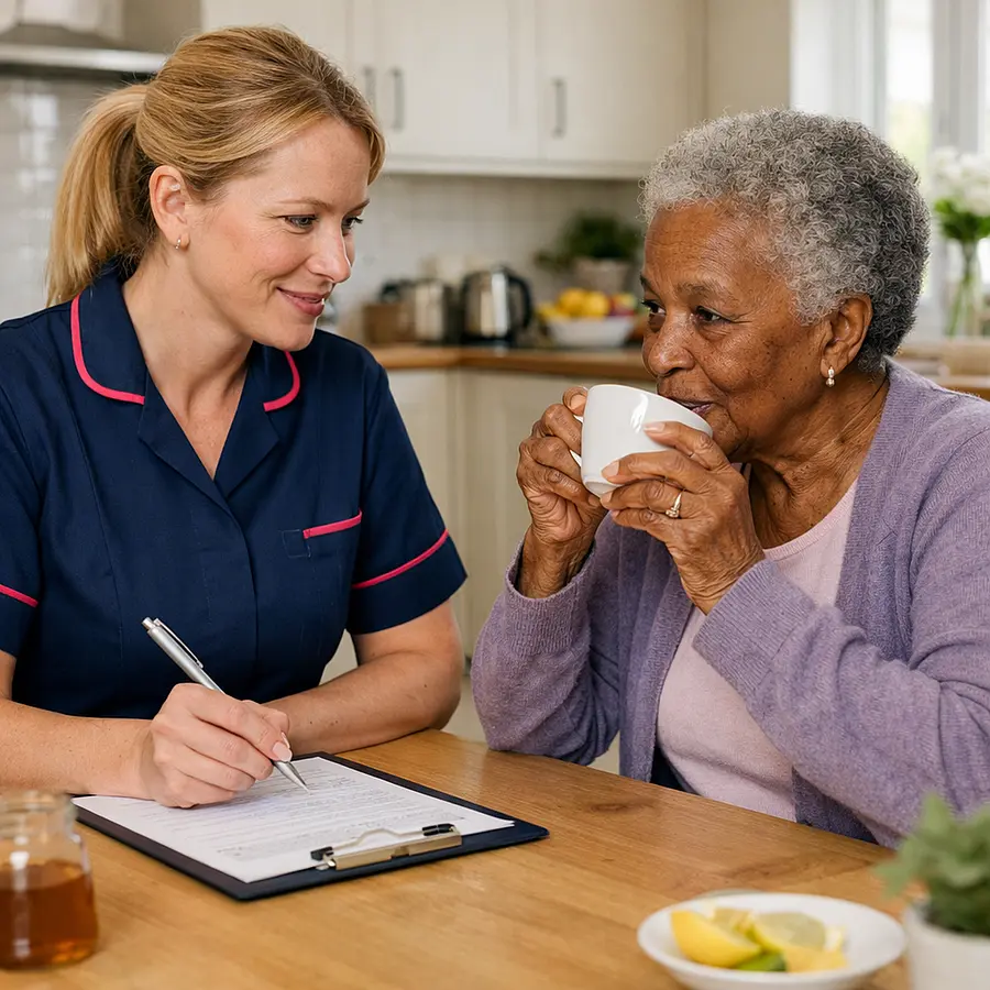 A white female caregiver in a 00072b tunic with e51974 piping sits at a kitchen table with an elderly black woman gently noting symptoms on a clipboard while the client sips herbal tea. Their body language shows trust and careful listening in a bright tidy home setting.