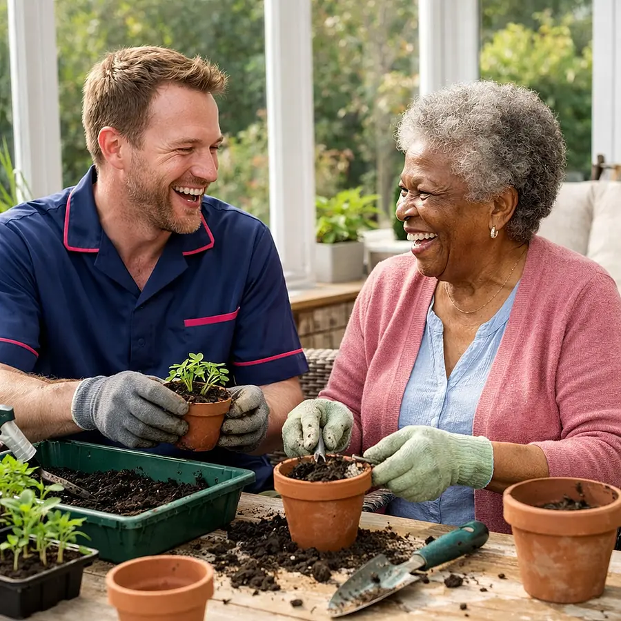 A white male caregiver in a 00072b tunic with e51974 accents sits in a sunny conservatory helping an elderly black woman pot small plants. Both laugh as they work gardening tools nearby capturing how home cancer care can support meaningful hobbies.