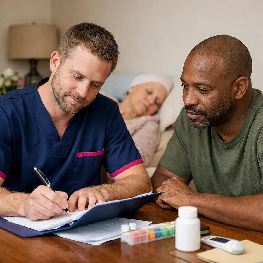 A white male caregiver in a 00072b tunic with e51974 detail writes notes in a folder at a dining table with a black adult son while an older woman rests in the background. The scene shows collaborative planning of home cancer care routines.