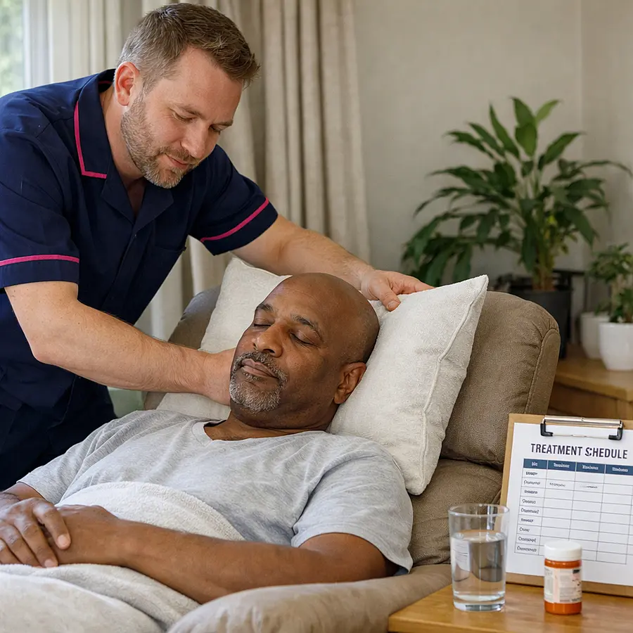 A white male caregiver in a 00072b tunic with e51974 detailing adjusts cushions for a middle aged black man resting in a reclining chair near a window a treatment schedule visible on a side table. The scene feels calm with sunlight and plants conveying adaptable attentive cancer care at home.