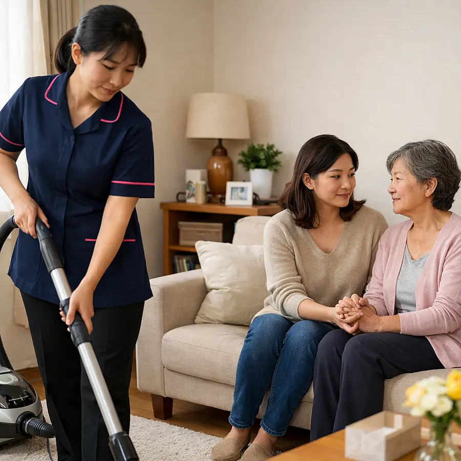 An Asian female caregiver in a 00072b tunic with e51974 piping vacuums a living room while a young adult daughter sits on the sofa holding hands with her unwell mother. The room looks tidy and warm reflecting partnership between family and professional carers.