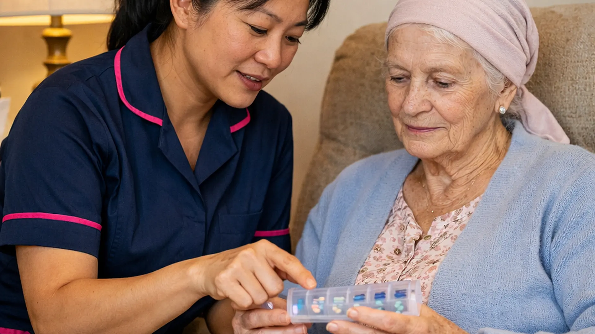 An Asian female caregiver in a 00072b tunic with e51974 trim checks a pill organiser beside an elderly white woman sitting in a favourite armchair both focused yet relaxed. A lamp and family photos create a homely safe environment illustrating professional cancer care at home.
