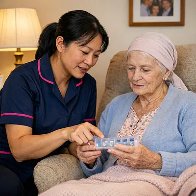 An Asian female caregiver in a 00072b tunic with e51974 trim checks a pill organiser beside an elderly white woman sitting in a favourite armchair both focused yet relaxed. A lamp and family photos create a homely safe environment illustrating professional cancer care at home.