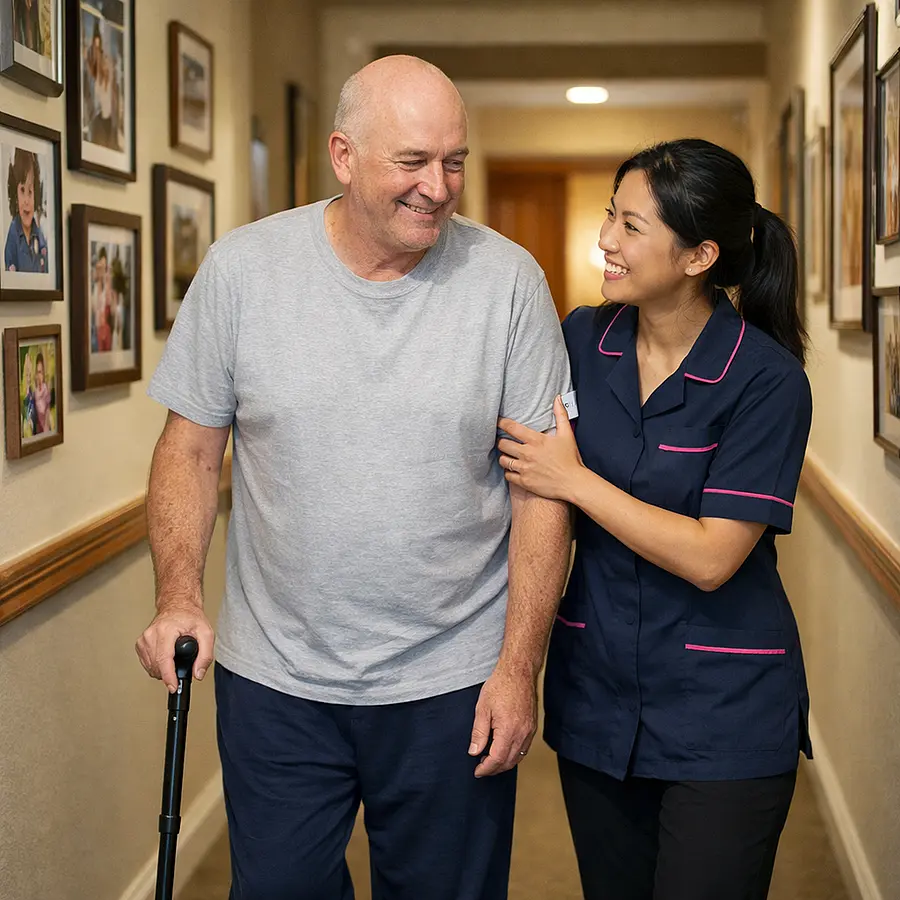 An Asian female caregiver in a 00072b tunic with e51974 piping walks slowly beside a recovering white man using a stick down a hallway lined with family photos encouraging him with a smile. The mood is hopeful reflecting reablement after cancer treatment.
