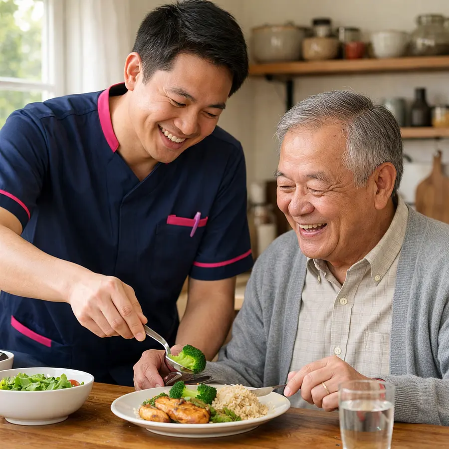 An Asian male caregiver in a 00072b tunic with e51974 accents stands in a cosy kitchen helping an older Asian man plate up a simple healthy meal both laughing softly. Sunlight through the window highlights a homely reassuring atmosphere focused on everyday cancer support.