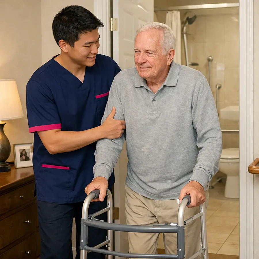 An Asian male caregiver in a 00072b tunic with e51974 detailing assists an older white man to the bathroom using a walking frame both moving slowly and carefully. The client looks reassured the carer attentive in a clean adapted home setting focused on dignity.