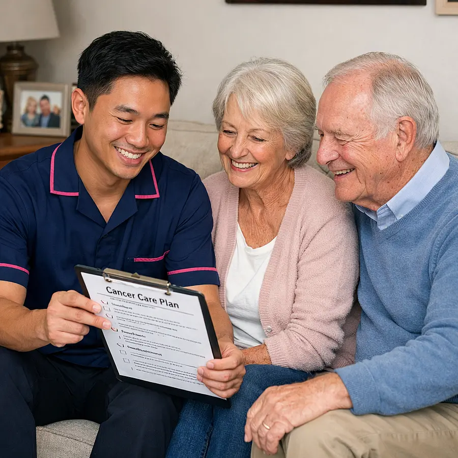 An Asian male caregiver in a 00072b tunic with e51974 trim sits on a sofa with an elderly white couple reviewing a clearly laid out care plan. They all smile with relief surrounded by homely touches like cushions and photos illustrating the benefits of home based cancer care.