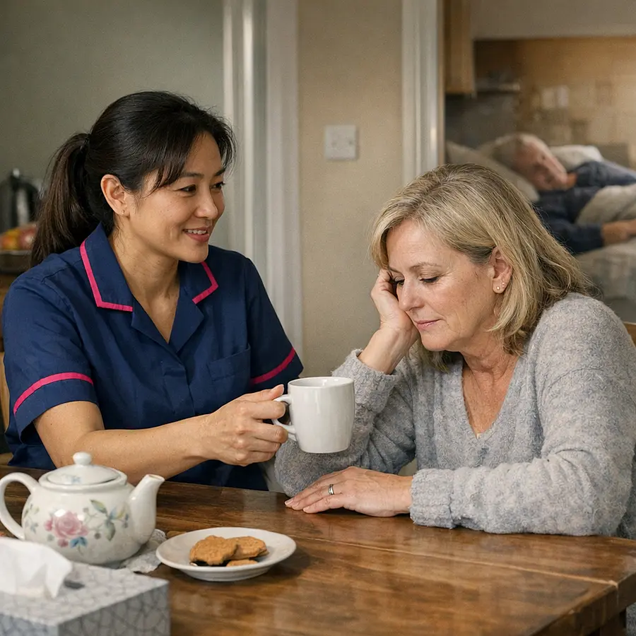 Asian female caregiver in 00072b tunic with e51974 detail sitting at a kitchen table with a tired white woman gently encouraging her to drink tea and talk while the older patient rests in another room illustrating support for family carers.