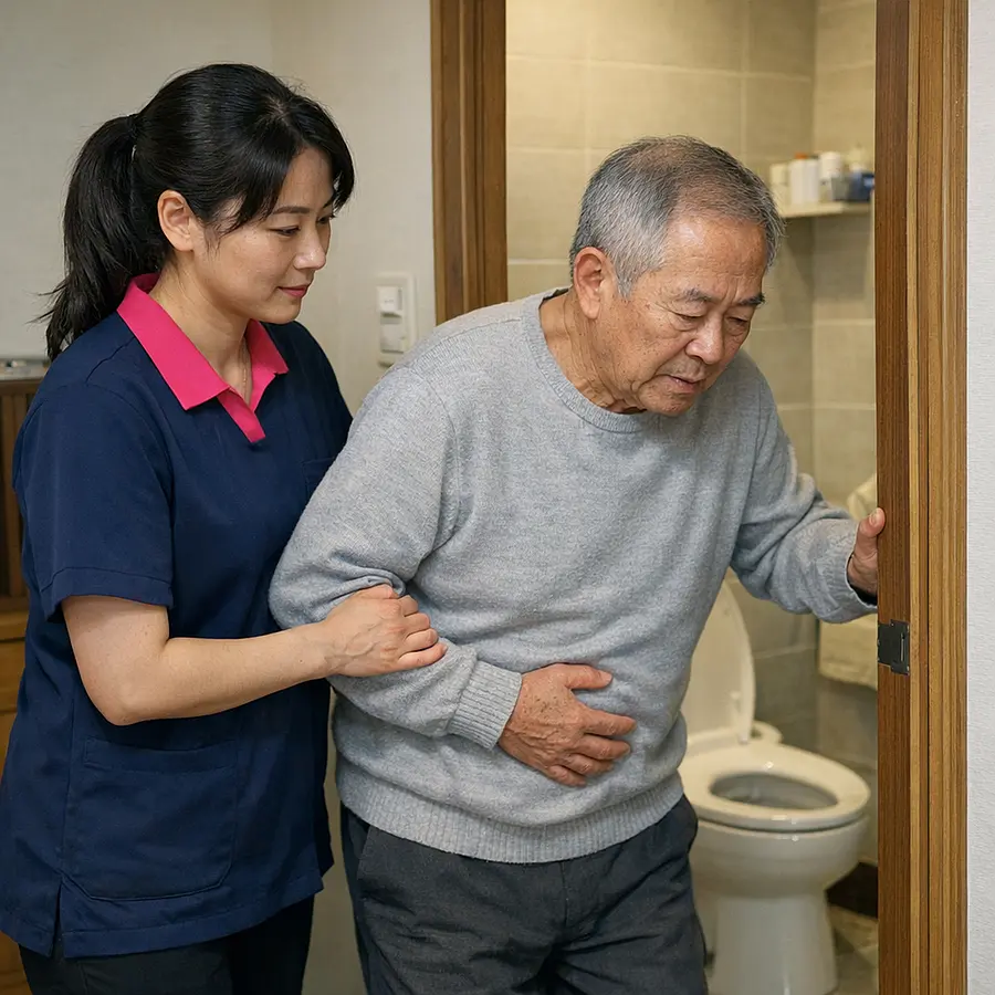 Asian female caregiver in a 00072b tunic with e51974 collar discretely supporting an older Asian man to the bathroom in his home both appearing calm and dignified emphasising sensitive help with bowel related symptoms.