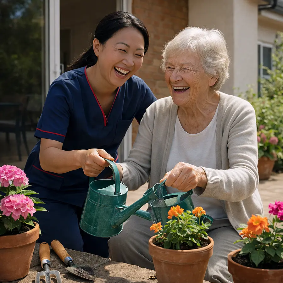 Asian female caregiver in a 00072b tunic with e51974 piping helping an older woman water potted plants on a sunny patio both laughing gently gardening tools nearby vibrant flowers around them capturing joy and identity through hobbies at home.