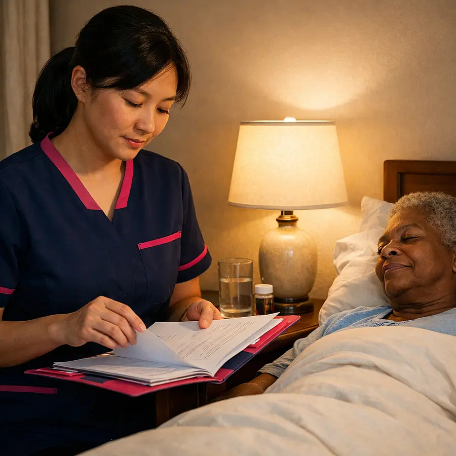 Asian female caregiver in a 00072b tunic with e51974 accents quietly checking a care folder at a bedside table while an older Black woman rests comfortably in bed bedside lamp on peaceful evening atmosphere.