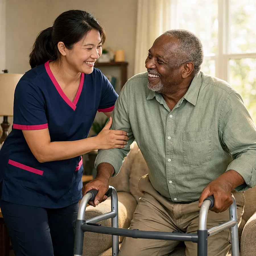 Asian female caregiver in a 00072b tunic with e51974 accents encouraging an older Black man to stand from an armchair with a frame both smiling sun streaming into a living room.