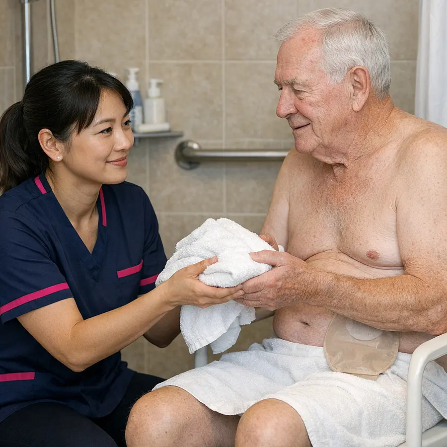 Asian female caregiver in a 00072b tunic with e51974 accents kneeling by an older white man seated in a bathroom chair passing him a towel with discretion and kindness highlighting dignified personal and stoma care.