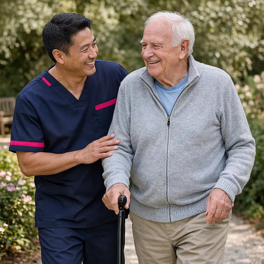 Asian male caregiver in 00072b tunic with e51974 stripe encouraging an older white man using a walking stick to stroll slowly along a garden path both smiling showcasing gentle safe exercise during recovery.