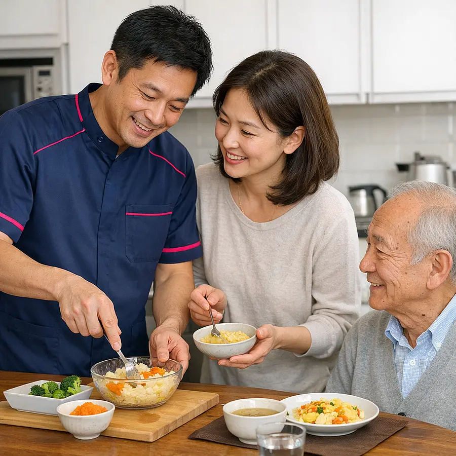 Asian male caregiver in a 00072b tunic with e51974 detailing standing in a kitchen with a white adult daughter showing her how to prepare a soft nutritious meal for her older father sitting nearby all sharing a warm moment.