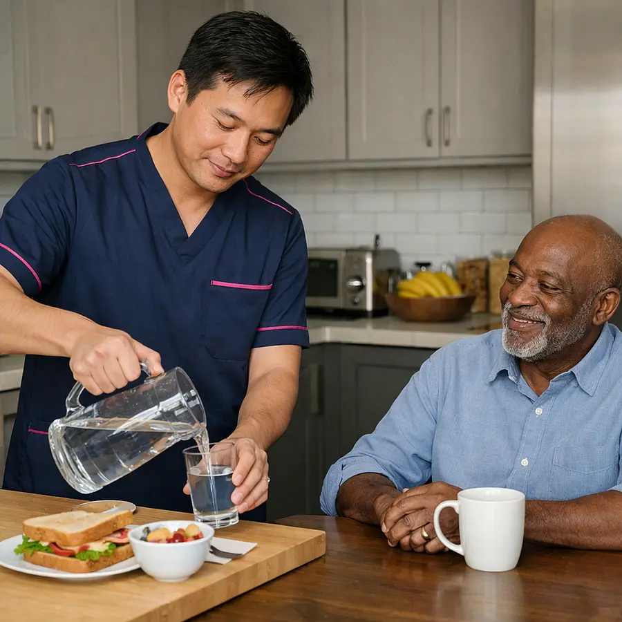 Asian male caregiver in a 00072b tunic with e51974 highlights preparing a jug of water and a light meal in a modern kitchen while an older Black man sits nearby at the table looking relaxed and appreciative.