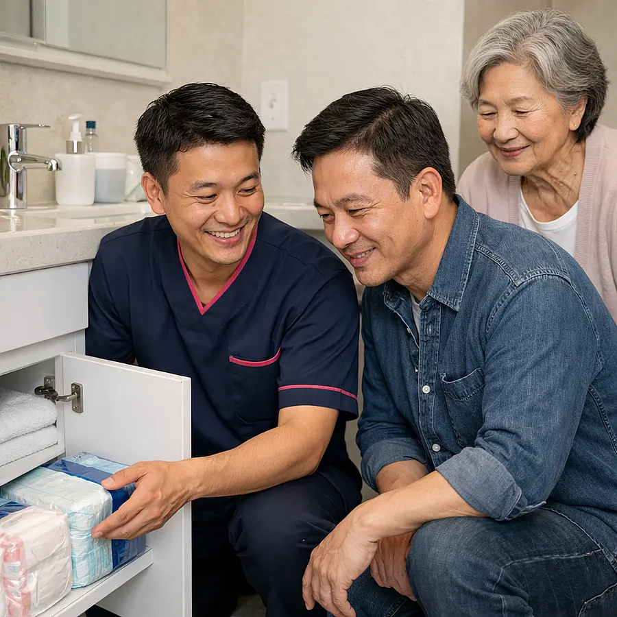 Asian male caregiver in a 00072b tunic with e51974 accents showing an adult son how to discreetly store continence products in a bathroom cupboard all three including older mother smiling gently.